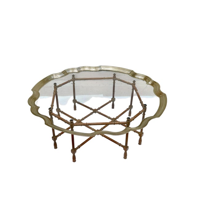 American Vintage Hollywood Regency Faux Bamboo & Brass Scalloped Glass Tray Coffee Table, 42” Round For Sale - Image 3 of 17