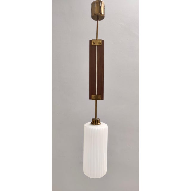 Vintage Pendant Light in Opaline Glass, Teak & Brass, Italy, 1960s For Sale - Image 10 of 10