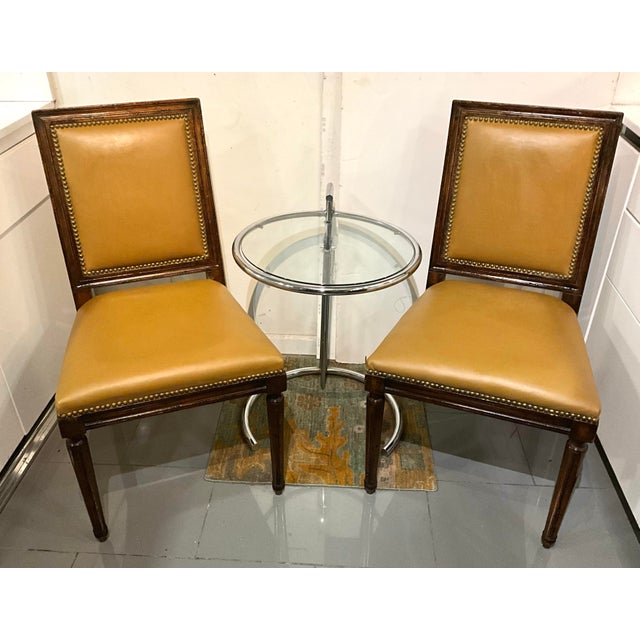 Wood Late 20th Century Ralph Lauren French Louis XVI Painted Accent Chairs Mustard Yellow Leather With Nailhead Trim- Set of 2 For Sale - Image 7 of 7