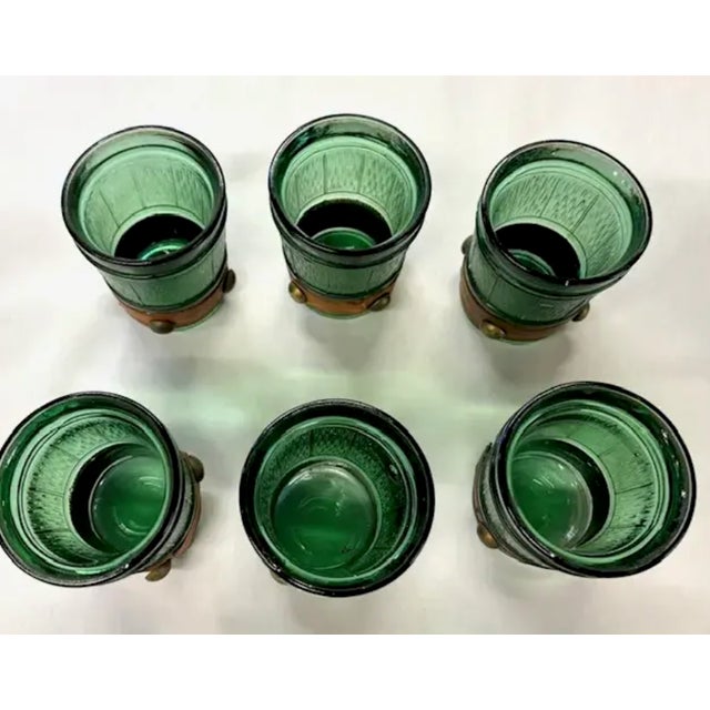Mid Century Green Glass Bar, Cocktail Glasses With Leather and Nail Head Details For Sale - Image 4 of 5