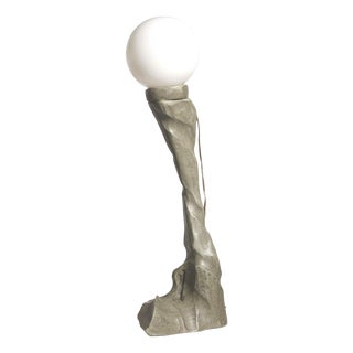 Vintage Modern Brutalist Carved Wooden Table Lamp with Opal Globe, 1930s For Sale