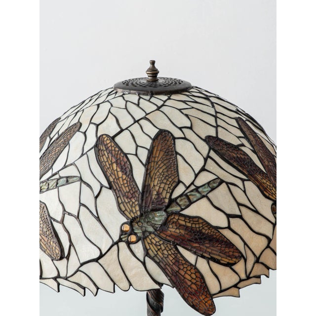 Vintage Art Nouveau Dragonfly Leaded Glass Table Lamp with Bronze Base in the style of Tiffany For Sale - Image 6 of 18
