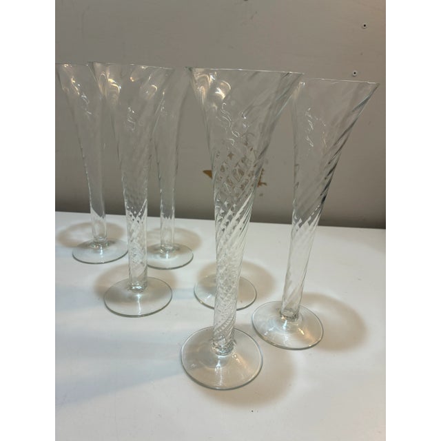 Set of 7 Champagne Flutes Mouth Blown Glass W/ Hollow Stem For Sale - Image 4 of 6