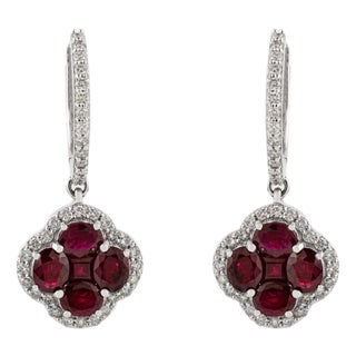 Shamrock Design Natural 3.94ct Ruby & Diamond Drop Hoop Earrings in 14k Gold- A Pair For Sale