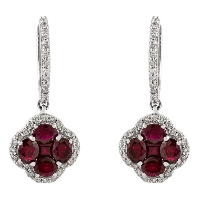 Shamrock Design Natural 3.94ct Ruby & Diamond Drop Hoop Earrings in 14k Gold- A Pair For Sale