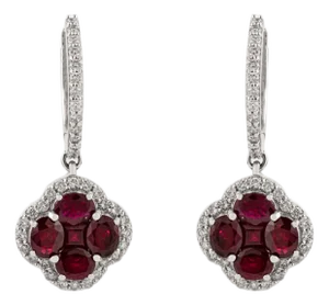 Shamrock Design Natural 3.94ct Ruby & Diamond Drop Hoop Earrings in 14k Gold- A Pair