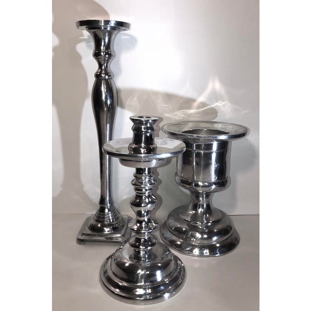 * 3 Polished Pewter Hollowware Candle Holders Tall Silver Taper and