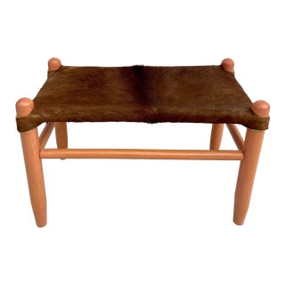 Vintage Hair-On-Hide Leather and Wood Footstool For Sale