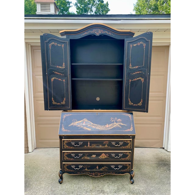 Wood Chinoiserie Black Lacquered Drop Front Secretary Desk With Bookcase Hutch For Sale - Image 7 of 12