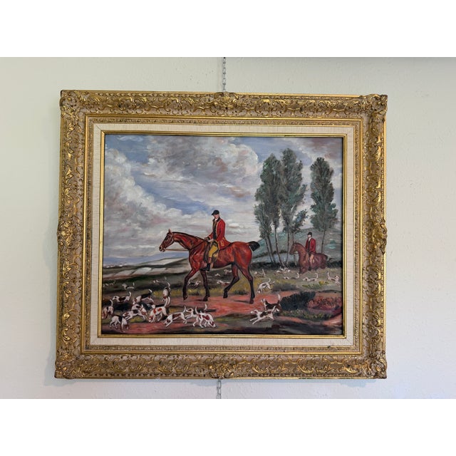 Fox Hunt Oil Painting Equestrian Scene With Horses and Hounds, Landscape For Sale - Image 4 of 11