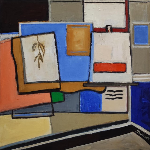 This contemporary abstract painting by French artist Sophie Dumont explores the intimate geometry of the artist’s studio....