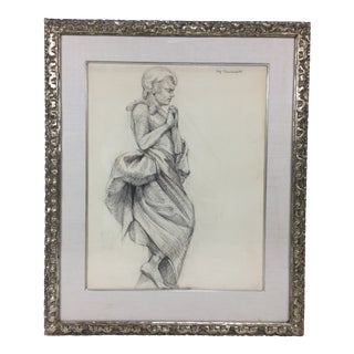 Academy Style Woman in Classical Dress Pencil Drawing. For Sale