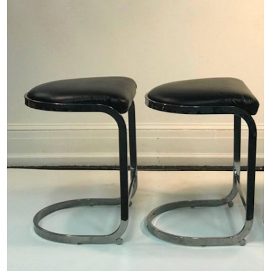 Set of 2 Milo Baughman style black leatherette and chrome stools with demilune seats and bases. 1980’s. In great...
