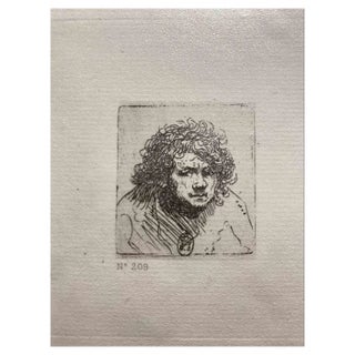 After Rembrandt, Self-Portrait Leaning Forward Bust, Etching, 19th Century For Sale