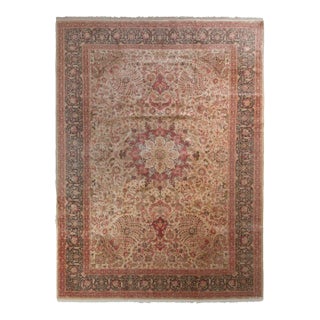 Hand-Knotted Vintage Tabriz Rug - Beige With Pink and Red Floral Medallion Style For Sale