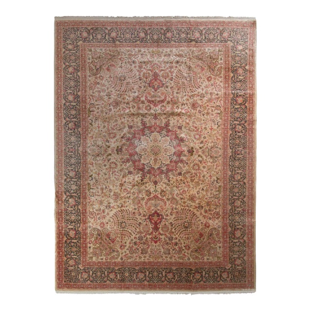 Hand-Knotted Vintage Tabriz Rug - Beige With Pink and Red Floral Medallion Style For Sale
