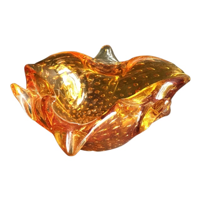 1950s Mid-Century Modern Amber Murano Glass Organic Shaped Bowl For Sale