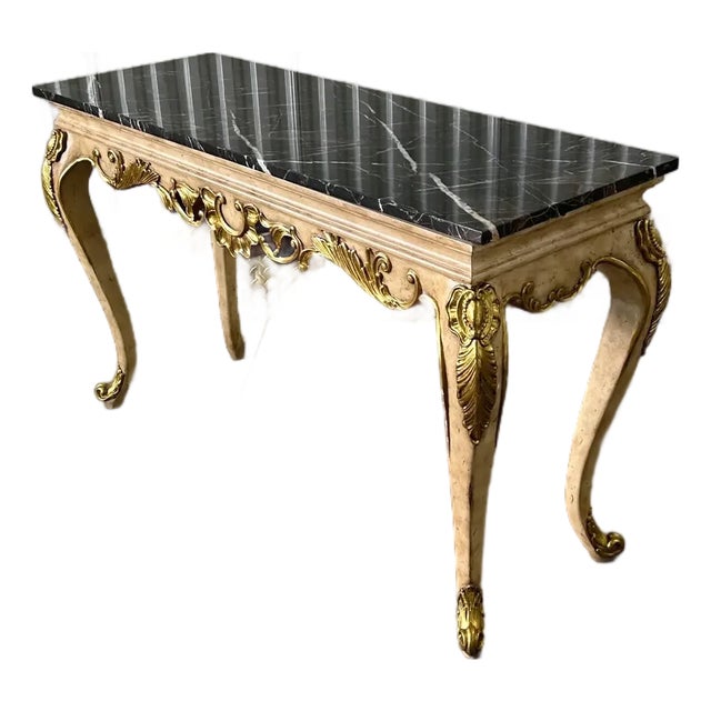 1980s Maitland Smith Louis XV Gilt Wood Console With Black Removable Marble For Sale