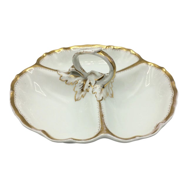 K P M Divided Dish With Gold and Acanthus Leaves Handle Antique For Sale