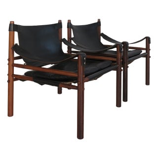 Scandinavian Armchairs in Black Leather and Wood by Arne Norell, Sweden, 1960s, Set of 2 For Sale