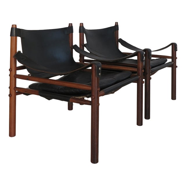 Scandinavian Armchairs in Black Leather and Wood by Arne Norell, Sweden, 1960s, Set of 2 For Sale