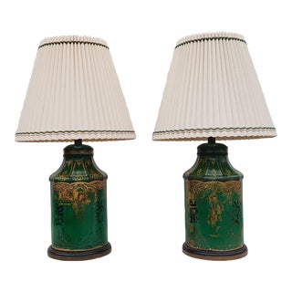19th Century Green Chinese Export Painted Gilt Tea Canister Lamp Pair With Shades For Sale