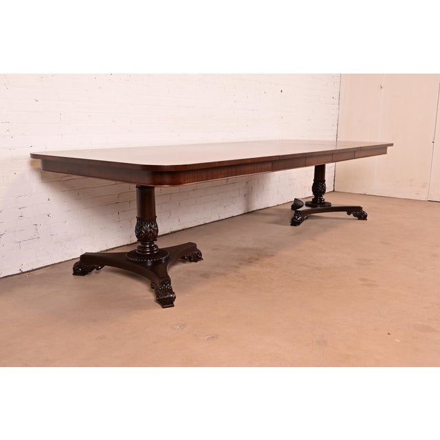 Baker Furniture Regency Banded Mahogany Double Pedestal Extension Dining Table, Newly Refinished For Sale In South Bend - Image 6 of 17