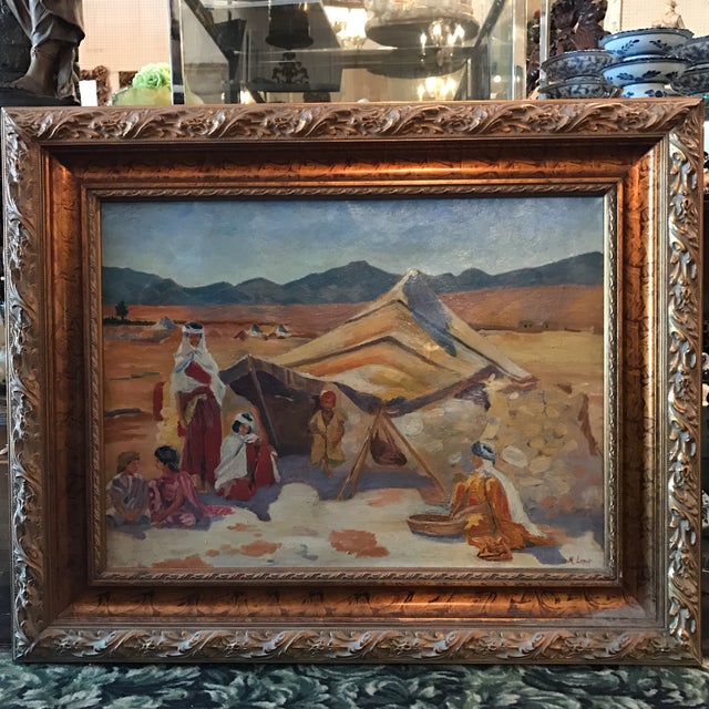 An Orientalist oil on canvas painting by Mathilde Lenoir. Features a scene of a Bedouin family in a desert, interacting...