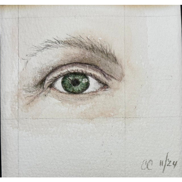 Realism Watercolor Painting Original of “Self Portrait Green Eye” For Sale - Image 3 of 6