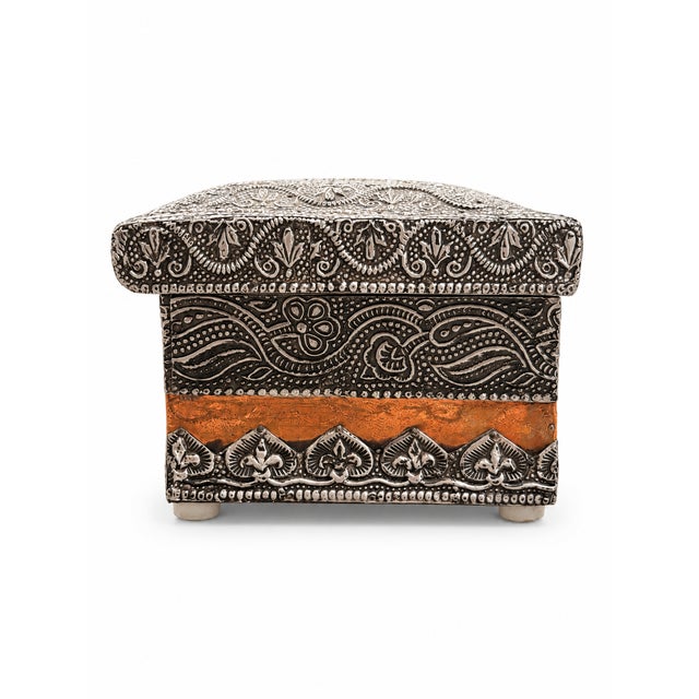 Indian Vintage Large Indian Embossed Silver Metal & Copper Jewelry Chest - 13.5” W For Sale - Image 3 of 10