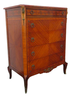 French Carved Marble Top Carved Inlay Tall Chest of Drawers 5718