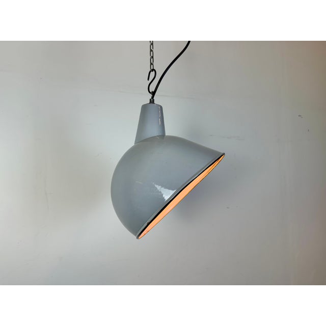 Industrial Grey Enamel Factory Pendant Lamp, 1960s For Sale - Image 17 of 18