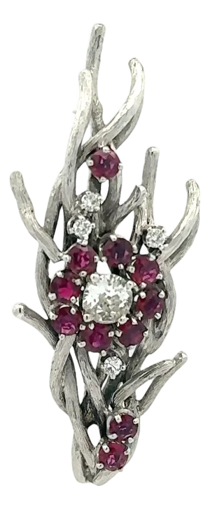 Ruby Diamond 18k White Gold Floral Motiff Brooch