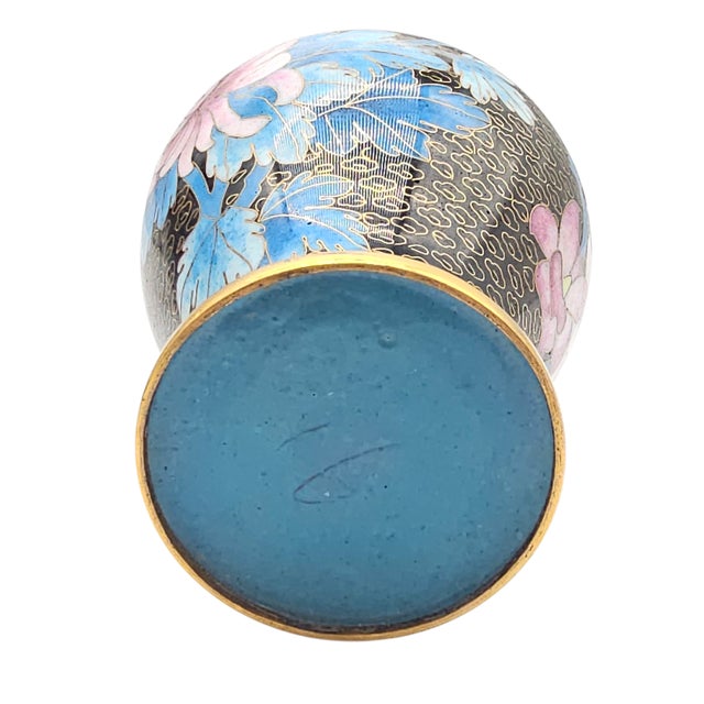 Paint Vintage Jingfa Chinese Cloisonné Vase in Black Enamel With Peony and Butterfly Motif For Sale - Image 7 of 8