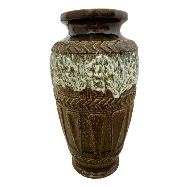 MCM Bay Keramik W. Germany Lava Glaze Pottery Vase 16” Brown Green 72•40 For Sale - Image 4 of 7