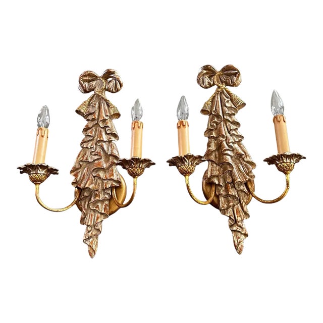 Pair Italian Neo Classic Carved Ribbon Draped Wall Sconces For Sale