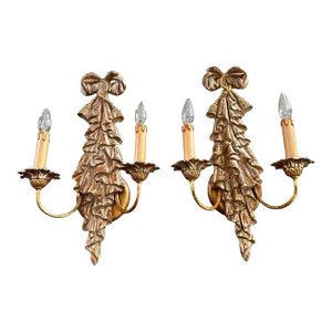 Pair Italian Neo Classic Carved Ribbon Draped Wall Sconces