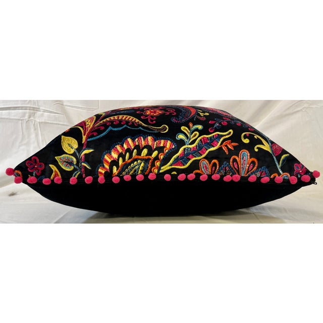 Black 20" Square Decorative Throw Pillow With a Modern Paisley Floral Pattern in Bright Pinks, Yellows & Blues Framed by Bright Pink Pom-Poms For Sale - Image 8 of 11