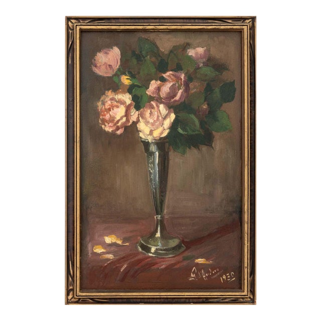 Illegibly Signed Still Life of Roses Oil, 1930 For Sale