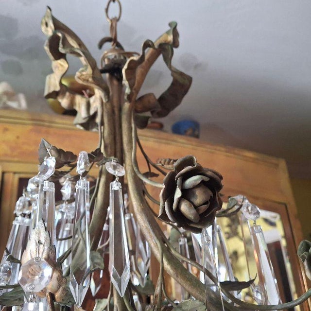 1940's Hollywood Regency Gilt & Verdigris Bronze, Crystal & Tole Floral Pendant/ Chandelier For Sale - Image 13 of 18
