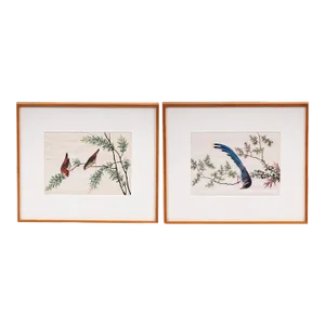 Two Antique Chinese Gouache Paintings of Birds on Pith Paper