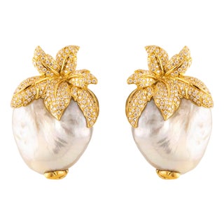 Late 20th Century Massive 18k Pearl Earrings, A Pair For Sale