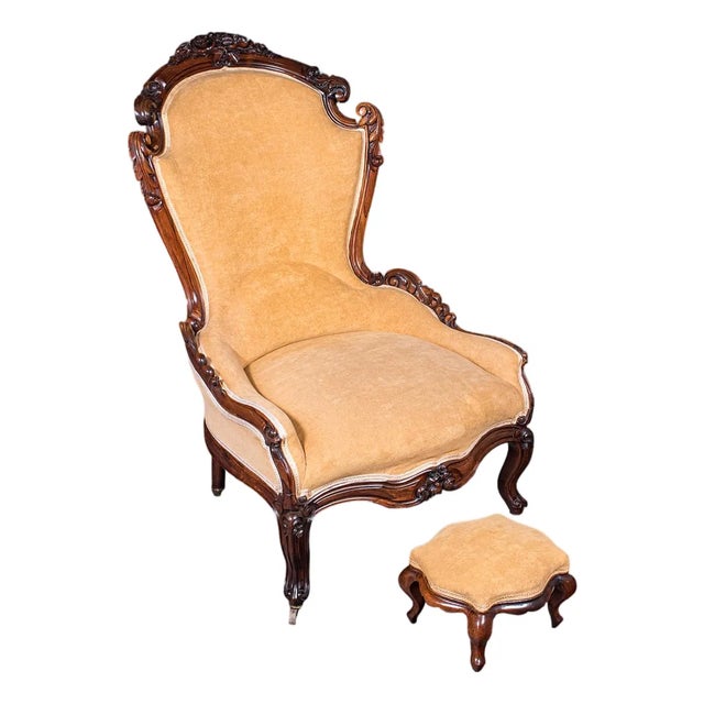 Antique Colonel's Salon Chair & Stool, English, Parlour Seat, Early Victorian For Sale