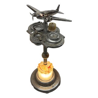 1930s Art Deco Light Up Airplane Chrome Ashtray Stand W/ Electric Lighter & Art Glass Base For Sale