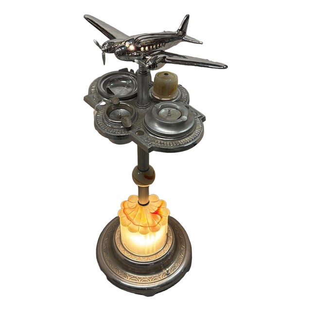 1930s Art Deco Light Up Airplane Chrome Ashtray Stand W/ Electric Lighter & Art Glass Base For Sale