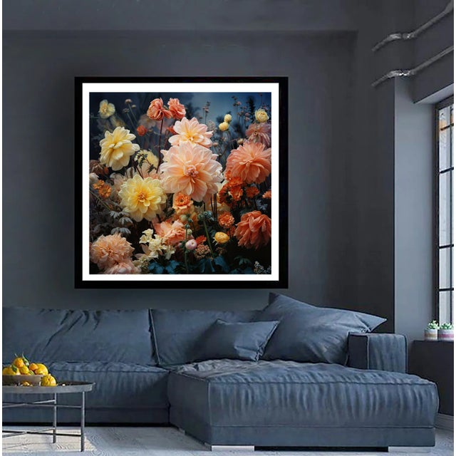 A surreal color photograph of a garden of colorful flowers at dusk. Printed on 300gsm Archival Fine Art Paper.