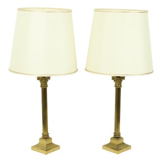 Hollywood Regency Lamps with Brass Pillar Column, 1950s, Set of 2 For Sale