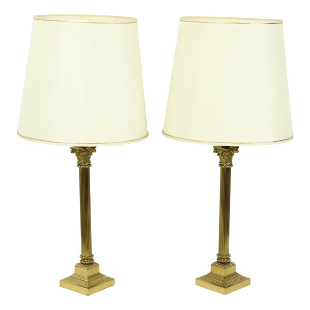 Hollywood Regency Lamps with Brass Pillar Column, 1950s, Set of 2 For Sale