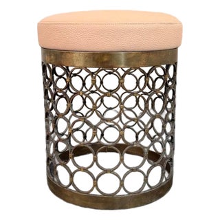 1960s Hollywood Regency Circular Brass and Leather Stool Ottoman For Sale