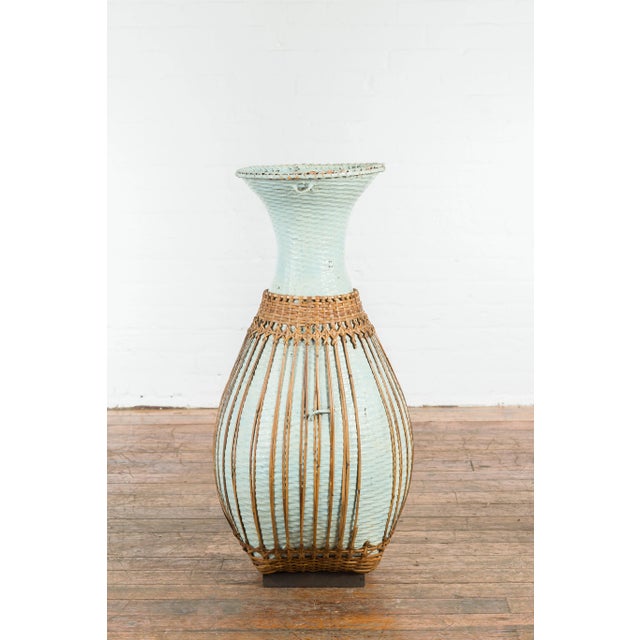 Large Vintage Chinese Woven Rattan Basket of Teal and Natural Color on Base For Sale - Image 4 of 13